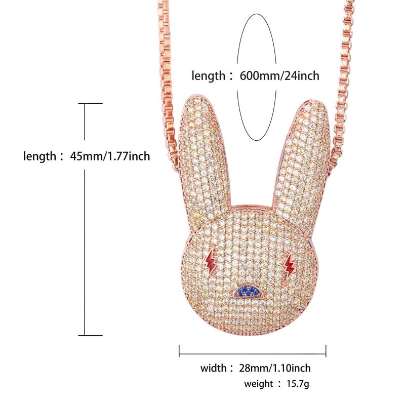 Miami Bad Bunny AAA Micro Pave Hip Hop 14k Gold Silver Rose Gold Pendant Chain Necklace