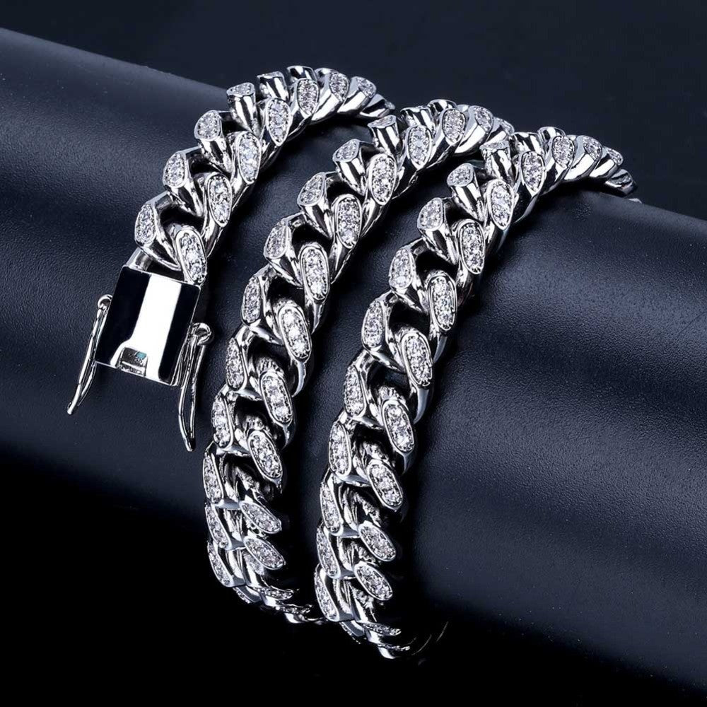 10mm Miami Cuban Link Micro Pave Stone 14k Gold 925 Silver Hip Hop Chain