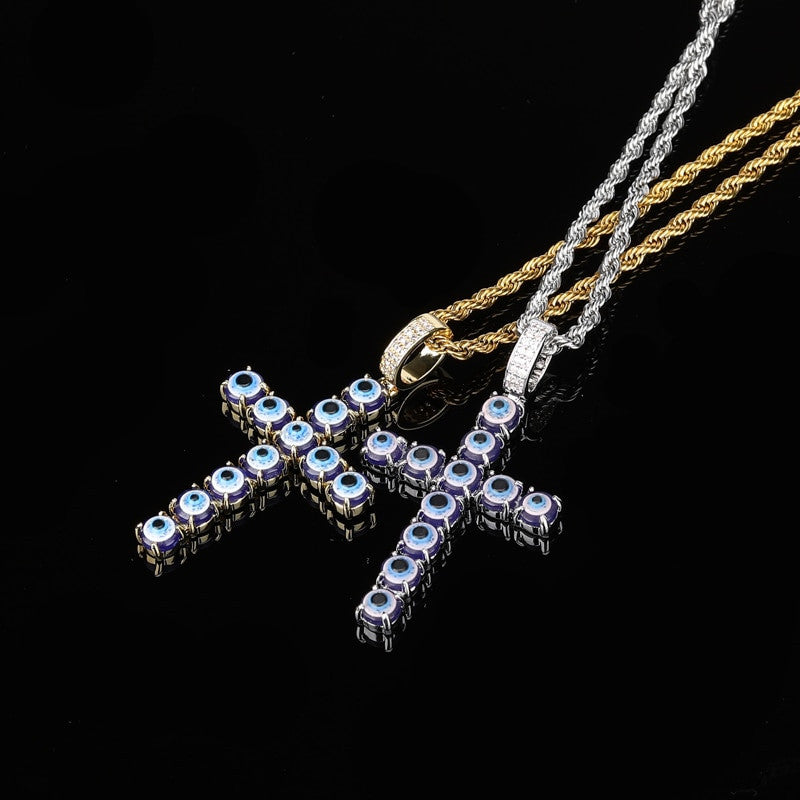 Persian Eye 14k Gold Silver Hip Hop Cross Pendant