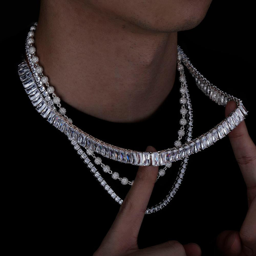 Boss Baller Baguette Ball and Tennis Chain Hip Hop 14k White Yellow Gold Bling Jewelry Set