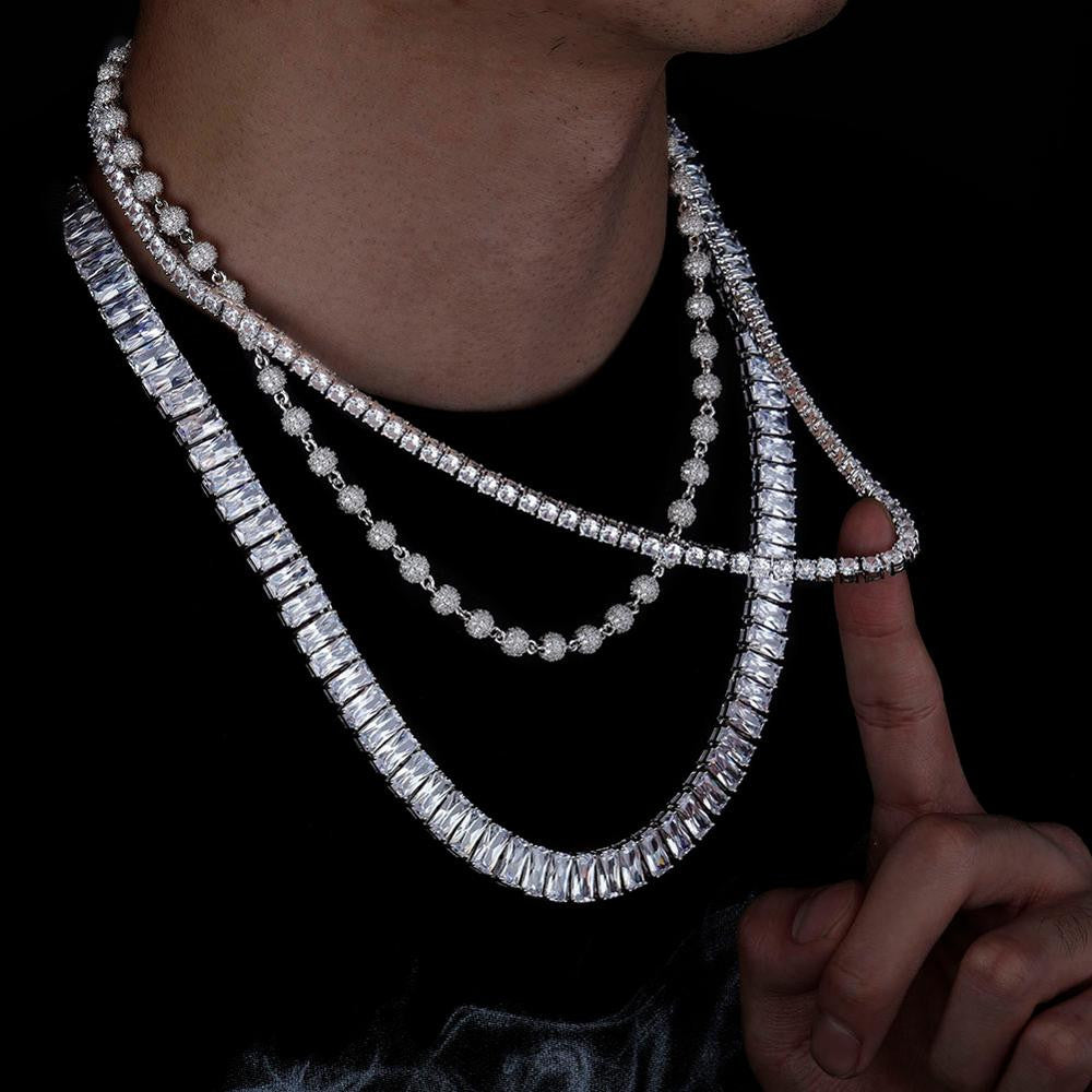 Boss Baller Baguette Ball and Tennis Chain Hip Hop 14k White Yellow Gold Bling Jewelry Set