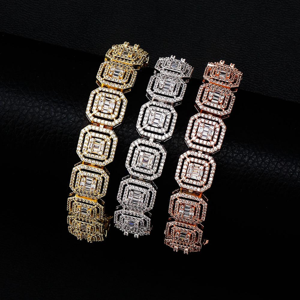 Mens New Ice 13mm Hip Hop Square Baguette Center Stone Bling Bracelets