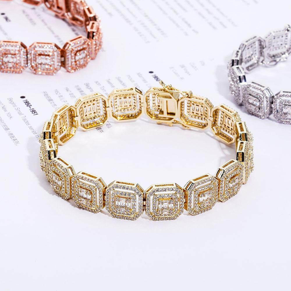 Mens New Ice 13mm Hip Hop Square Baguette Center Stone Bling Bracelets