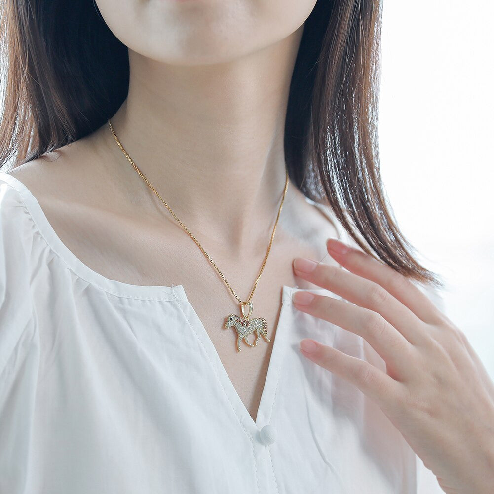 Ladies Fine Jewelry 3A Simulate Diamond .925 Sterling Silver Horse Pendant Necklace