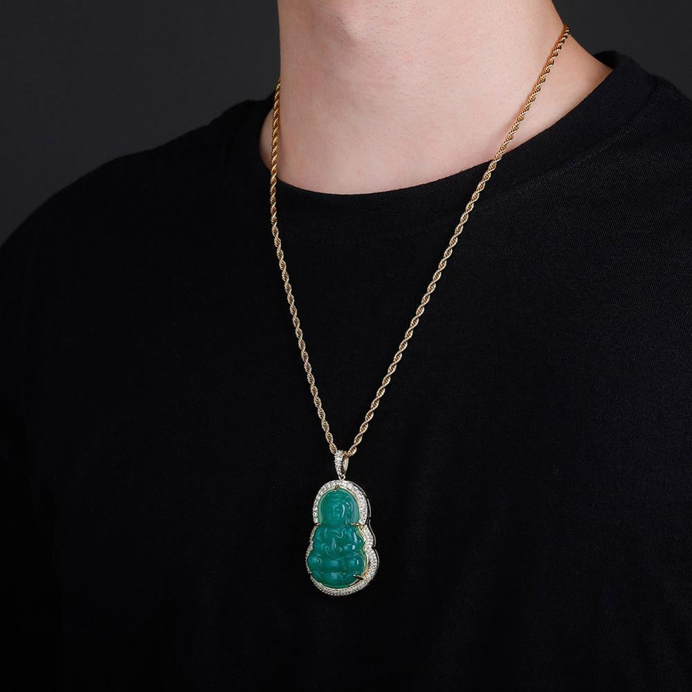 AAA 14k Gold .925 Silver Emerald Micro Pave Avalokitesvara Bodhisattva Buddha Pendant