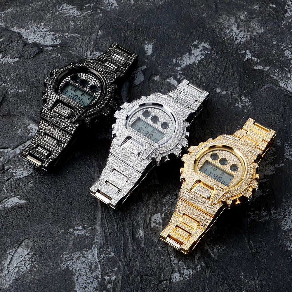 New Flooded Ice Fashion Stainless Steel Digital Movt Watch Lab Diamond Hip Hop Wristwatch
