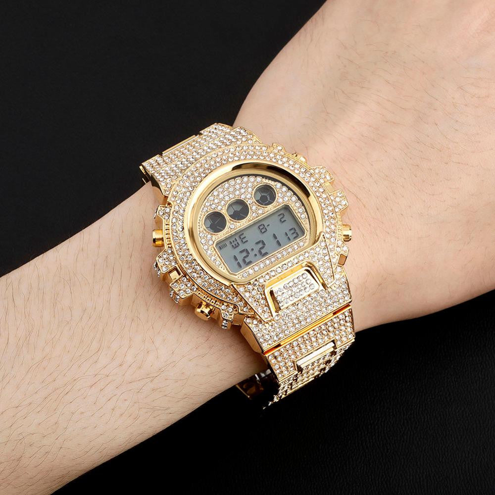 New Flooded Ice Fashion Stainless Steel Digital Movt Watch Lab Diamond Hip Hop Wristwatch