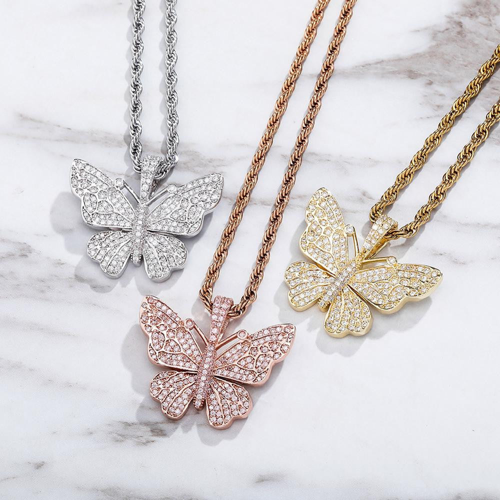 Ladies Bling Bling AAA Micro Pave 14k 925 Rose Gold Hip Hop Butterfly Pendant Necklace