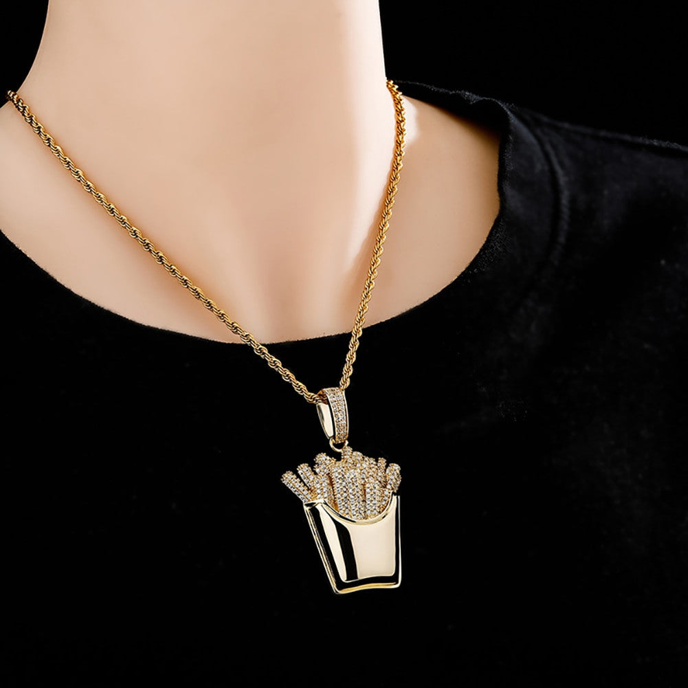 Flooded Ice Full Paved White Yellow Rose Gold Hip Hop French Fries Box Bling Pendant
