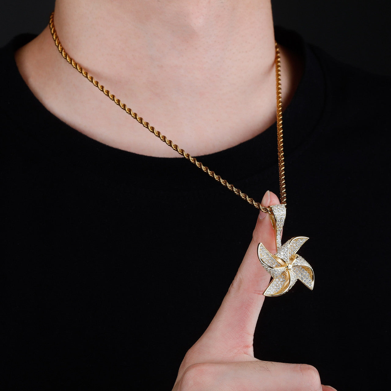 Flooded Ice 14k Gold Silver Rose Gold Rotatable Windmill Hip Hop Pendant Chain Necklace