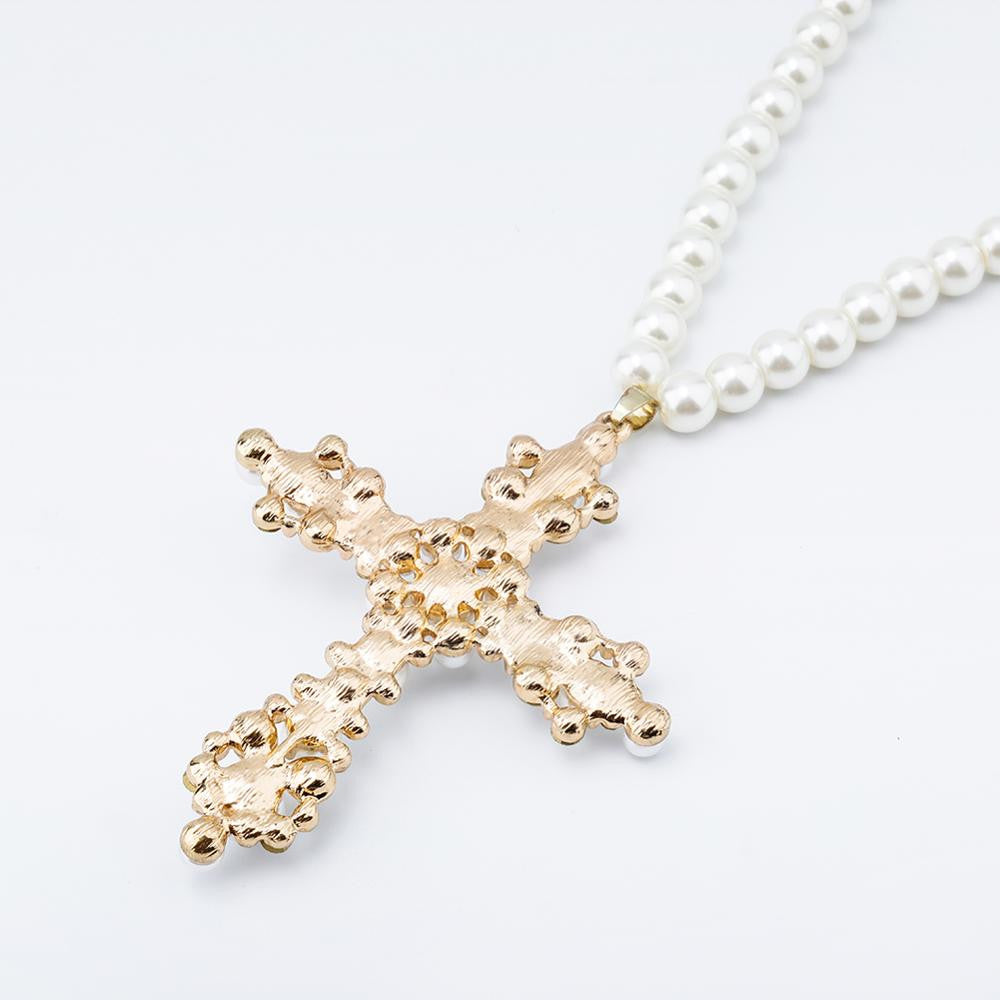 Ladies New Fashion White Pearl Strand Simulate Diamond Vintage look Cross Necklace