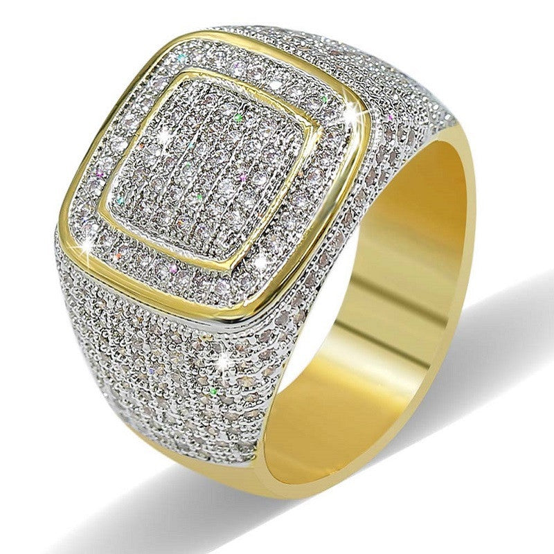 Mens AAA Simulate Diamond 14k Gold Micro Pave Hip Hop Classic Ring