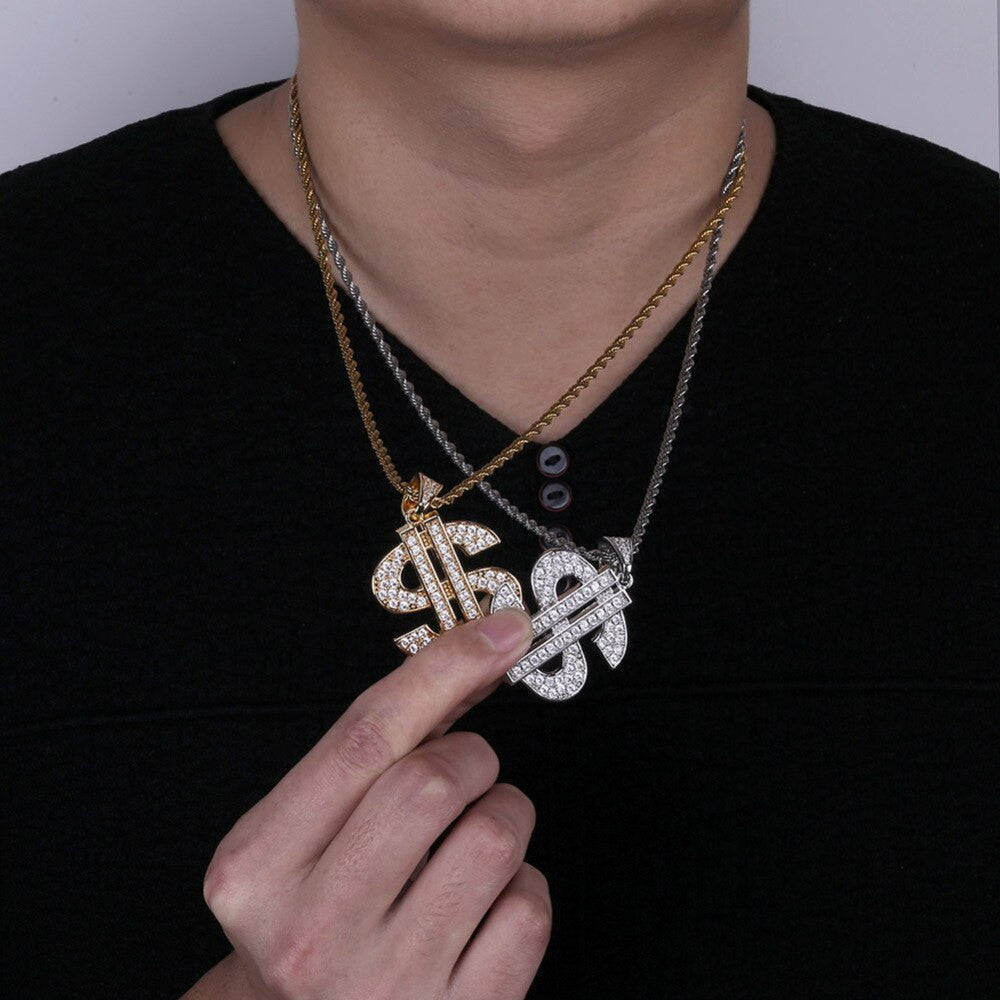 Flooded Ice Solid Dollar Sign 14k Gold 925 Silver Hip Hop Pendant
