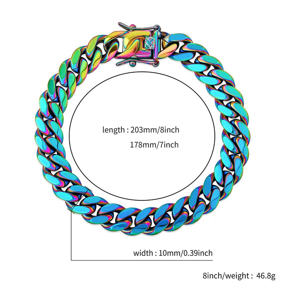 10mm 14mm Stainless Steel Fashion Rainbow Color Cuban Link Hip Hop Bracelet