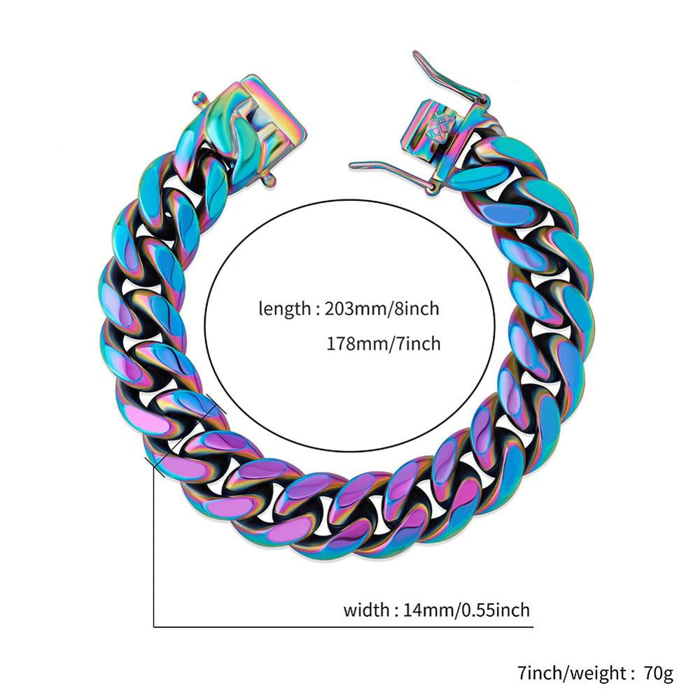 10mm 14mm Stainless Steel Fashion Rainbow Color Cuban Link Hip Hop Bracelet