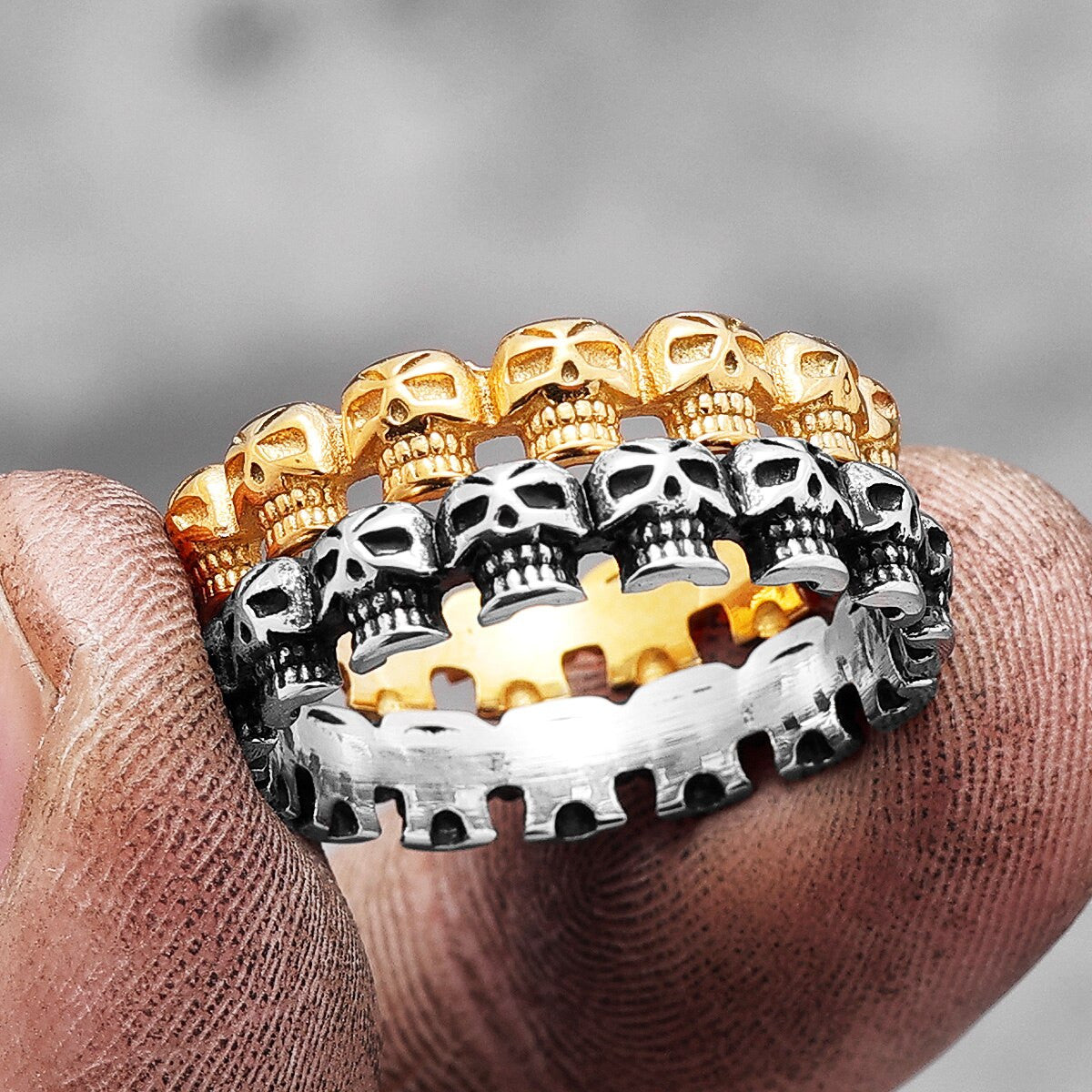 316L Skull Binding 14k Gold over No Fade Stainless Steel Street Wear Rings
