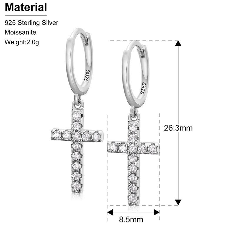 Solid 925 Sterling Silver VVS Diamond Hoop Cross Prong Set Fine Jewelry Earrings