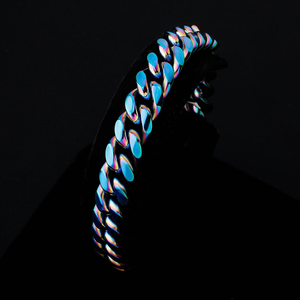 10mm 14mm Stainless Steel Fashion Rainbow Color Cuban Link Hip Hop Bracelet