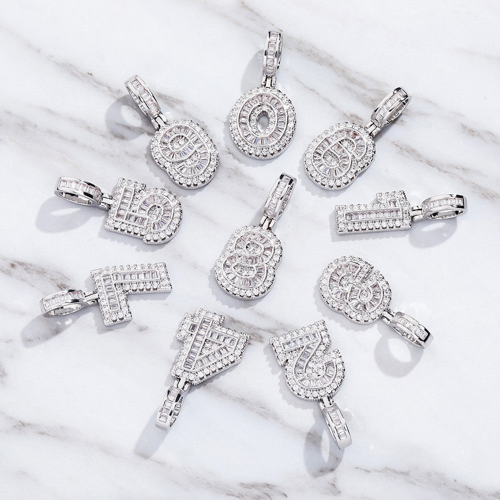 Iced Baguette AAA Prong Set Cluster Digital Numbers Hip Hop Pendants