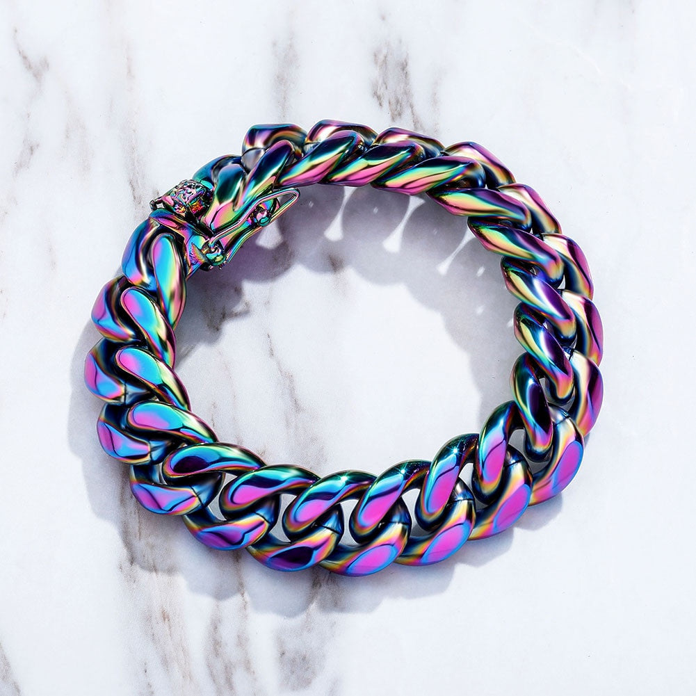 10mm 14mm Stainless Steel Fashion Rainbow Color Cuban Link Hip Hop Bracelet