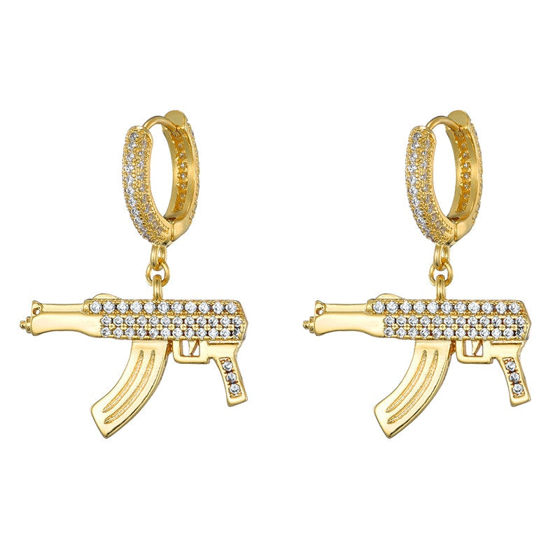 18k Gold .925 Silver AAA Micro Paved AK47 Machine Gun Dangle Hoop Hip Hop Flooded Ice Earrings