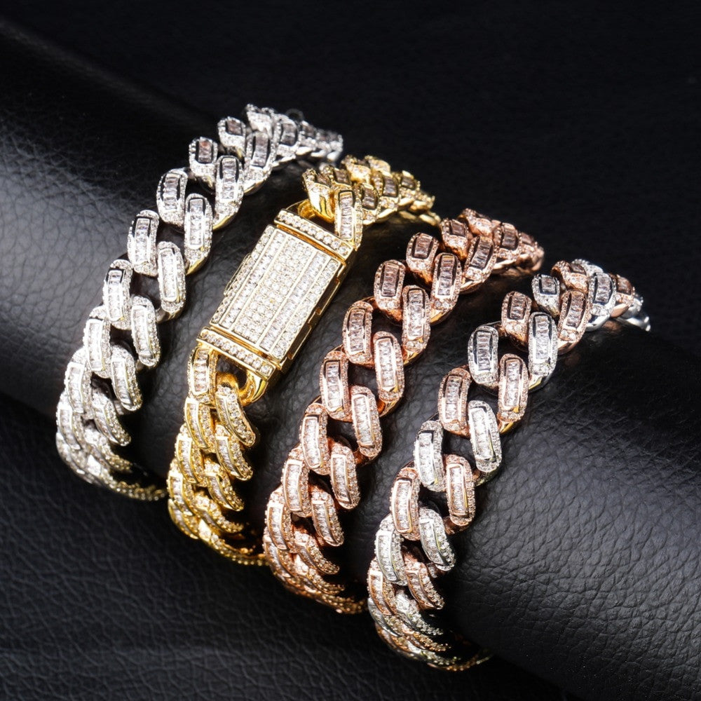 Miami Big Box Clasp 14mm Cuban Link AAA Prong Set Baguette Stone Hip Hop Bracelet