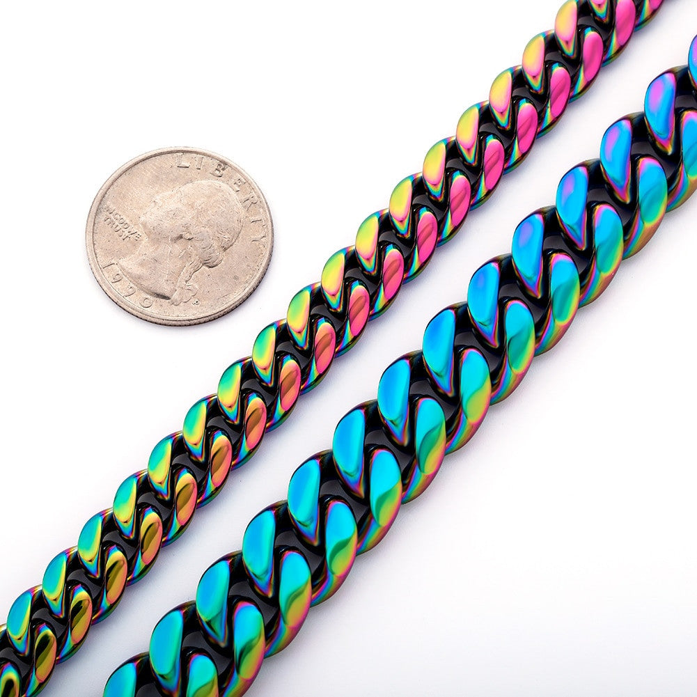 10mm 14mm Stainless Steel Fashion Rainbow Color Cuban Link Hip Hop Bracelet