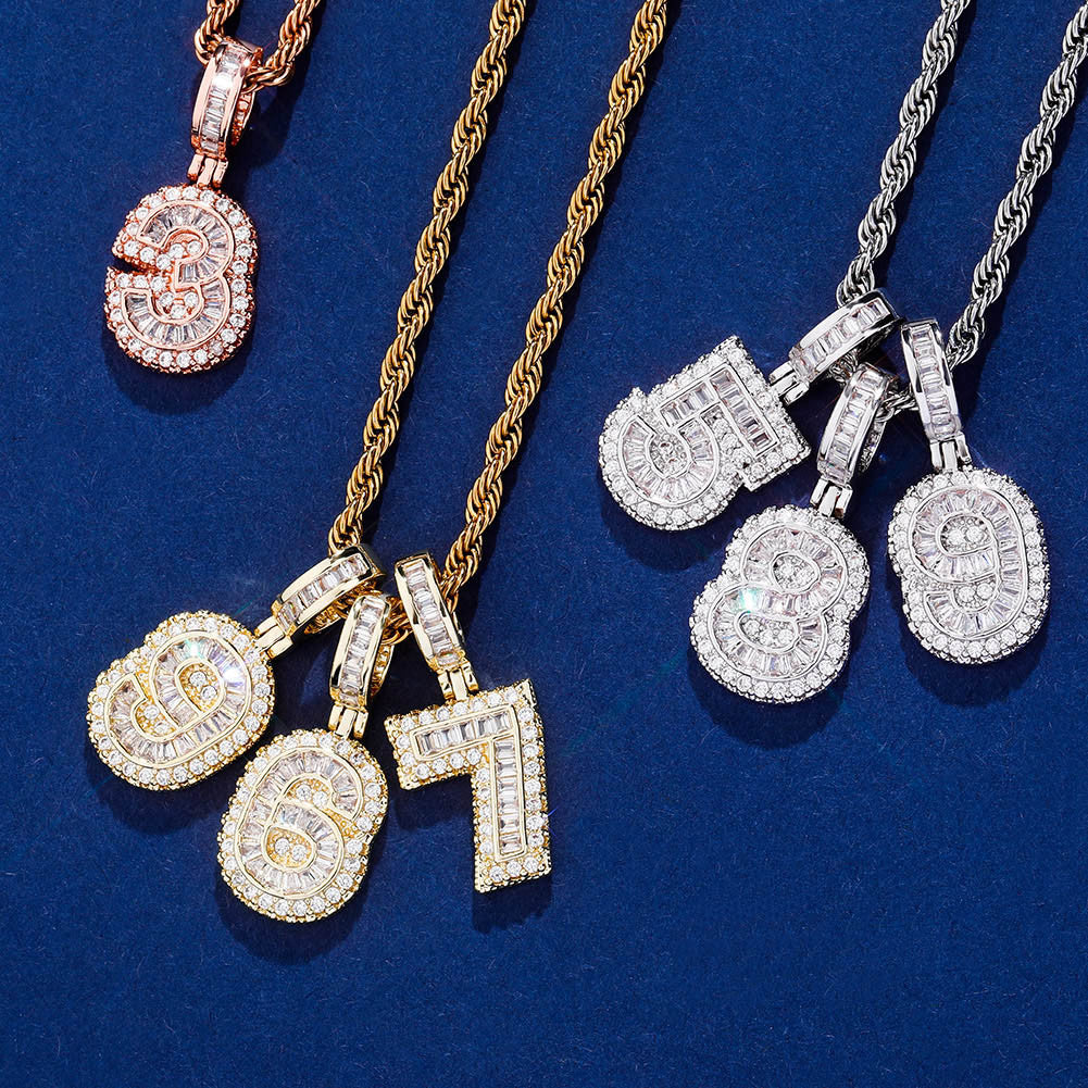 Iced Baguette AAA Prong Set Cluster Digital Numbers Hip Hop Pendants