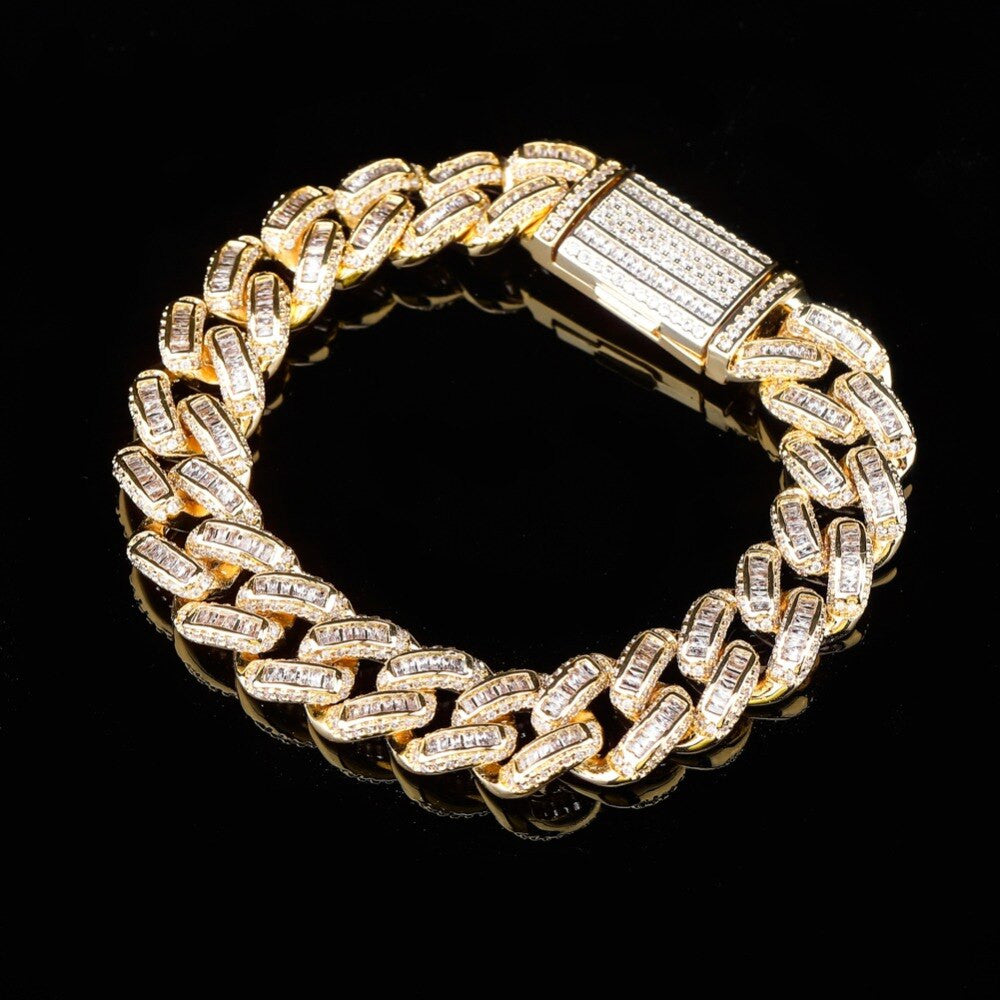 Miami Big Box Clasp 14mm Cuban Link AAA Prong Set Baguette Stone Hip Hop Bracelet