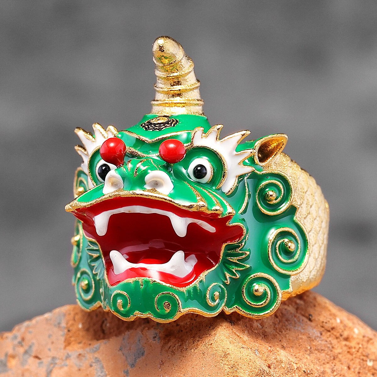 Mens Unique Detailed Chinese Lion Dragon Dance Retro Solid Stainless Steel rings