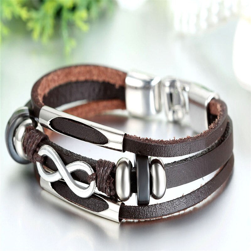 Vintage Infinity Cuff Three Layer Leather Wrap Black Brown Street Wear Casual Bracelet