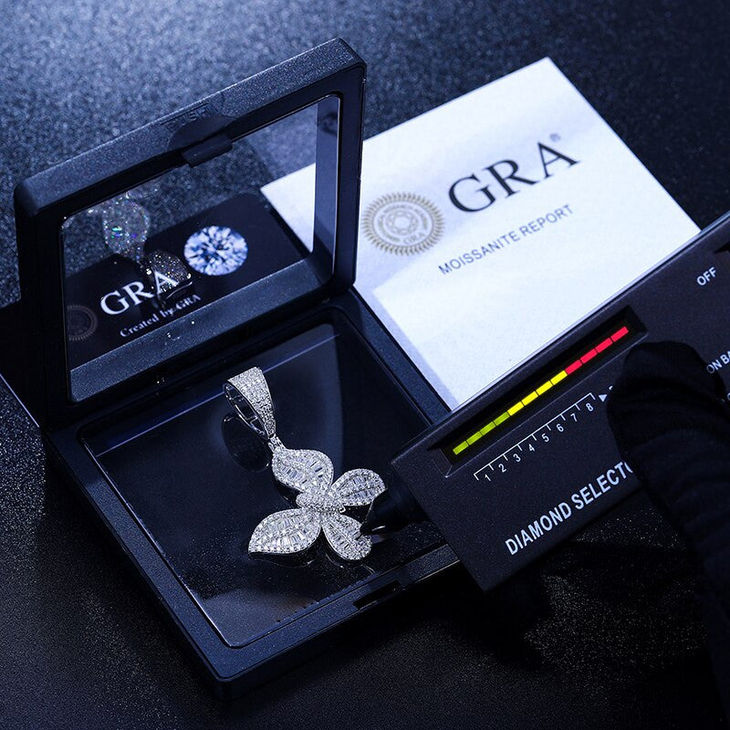 Ladies Delicate Butterfly Genuine VVS Diamond Baguette Solid 925 Iced Blinged Out Pendant