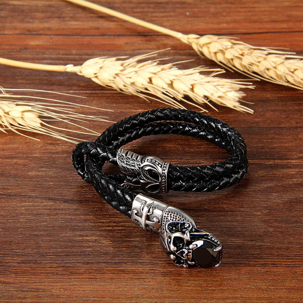 Vintage Retro Style Double Layer Black Leather Stainless Steel Skull Bracelet