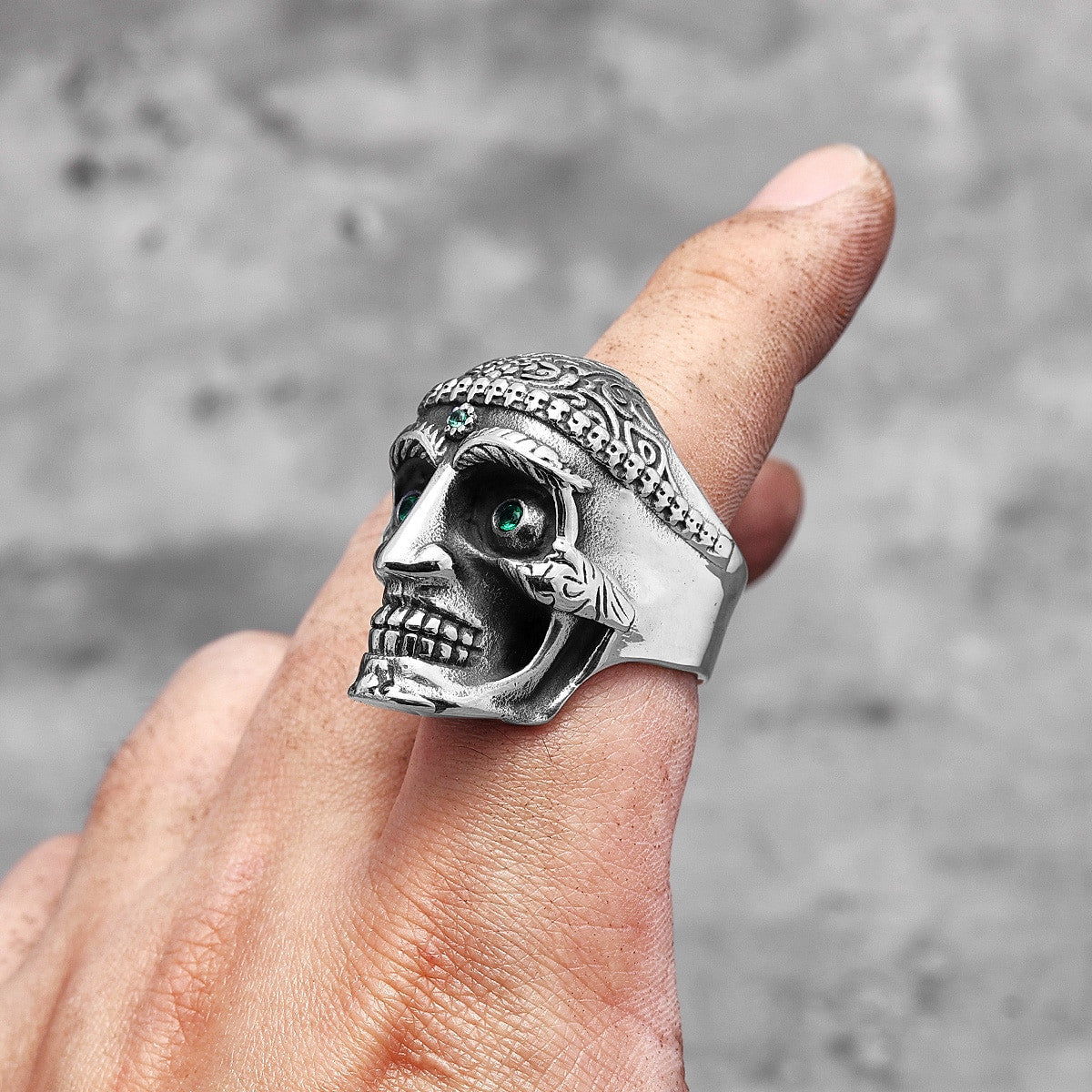 Mens Stainless Steel Carved Gemstone Crystal Skull Bling Street Wear Rings