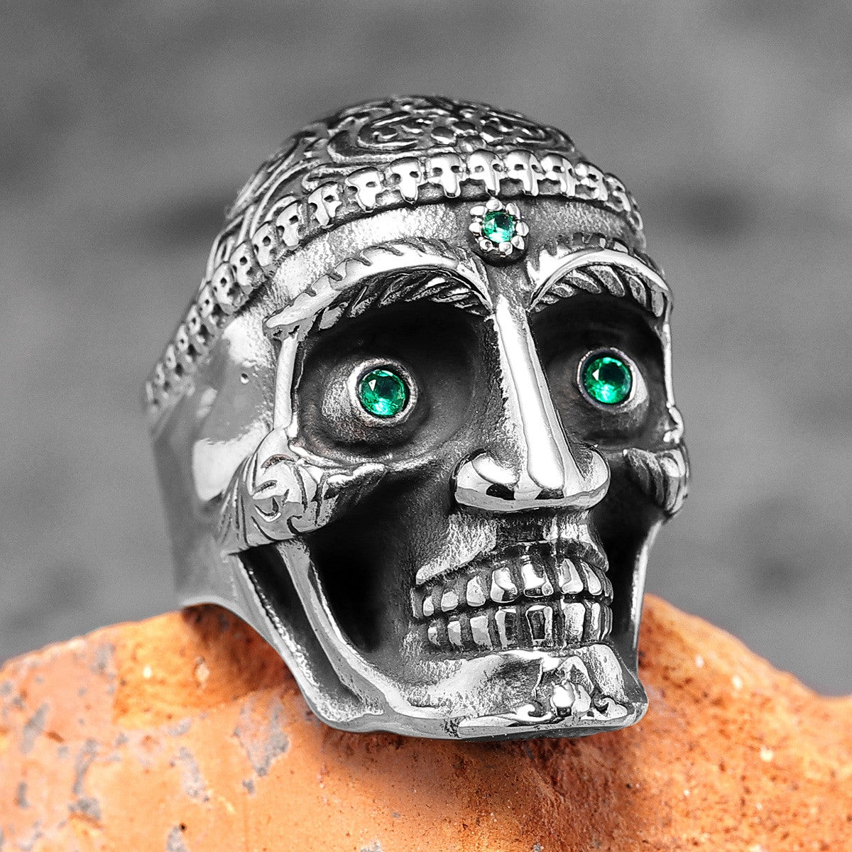 Mens Stainless Steel Carved Gemstone Crystal Skull Bling Street Wear Rings