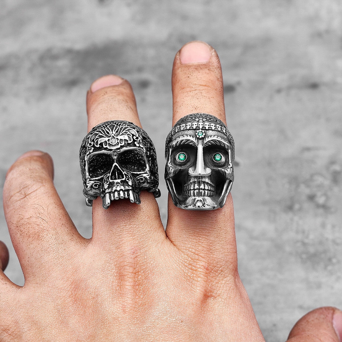 Mens Stainless Steel Carved Gemstone Crystal Skull Bling Street Wear Rings
