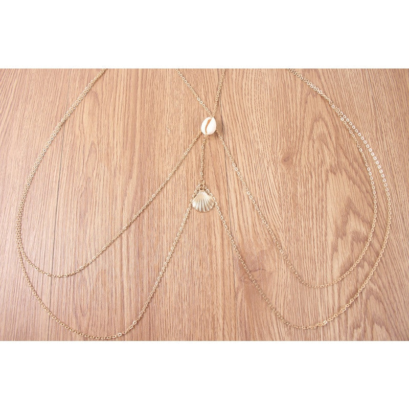 Ladies Vintage Style Cross Body Sea Shell Waist body Chain Necklace
