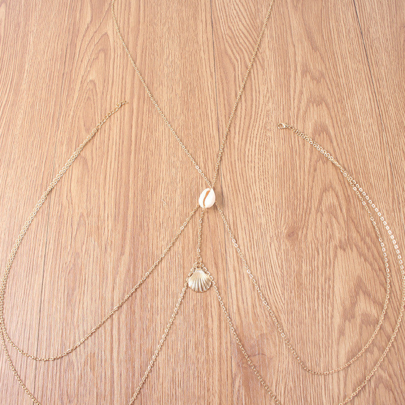 Ladies Vintage Style Cross Body Sea Shell Waist body Chain Necklace