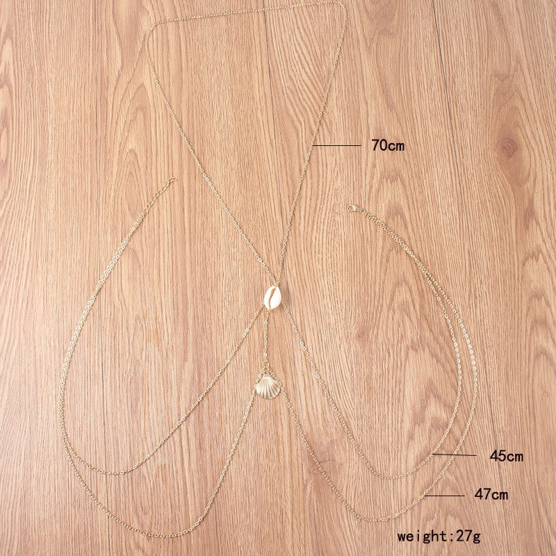 Ladies Vintage Style Cross Body Sea Shell Waist body Chain Necklace