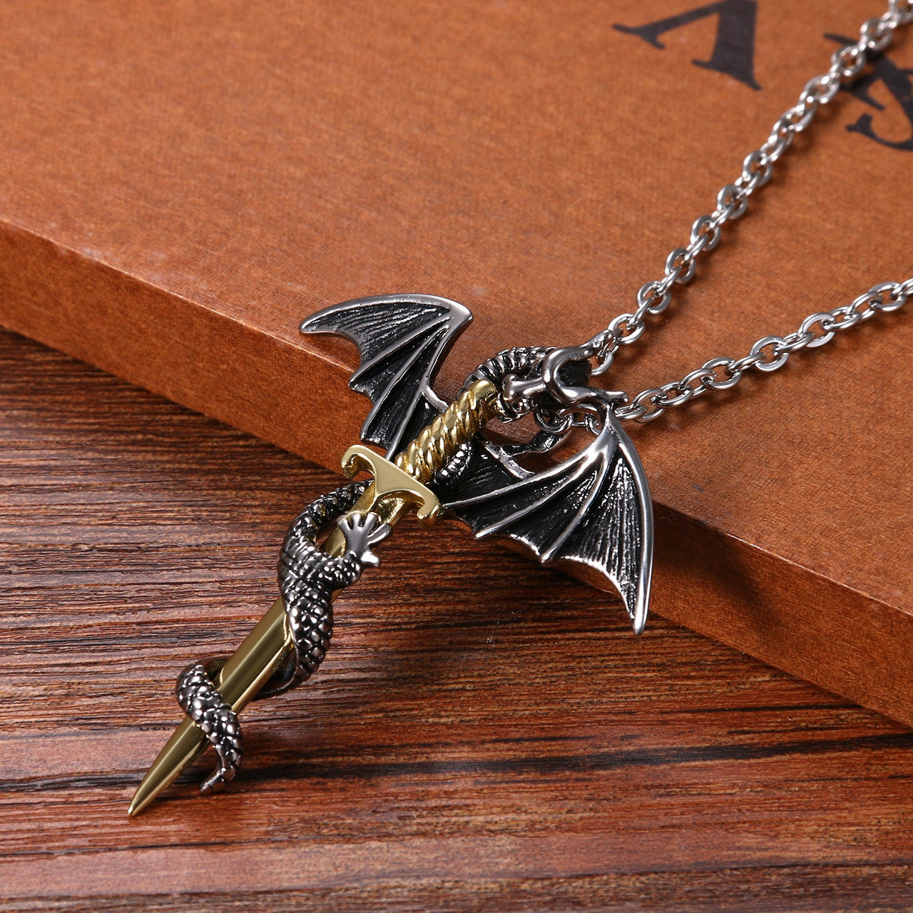 Vintage No Fade Tarnish Dragon Sword Titanium Stainless Steel Pendant Chain Necklace