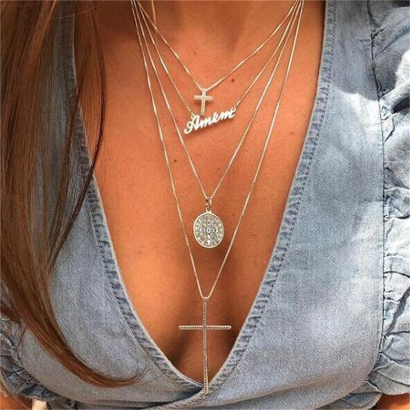  Ladies Classic Amen Divine Protection Multi Layer Cross Chain Necklace