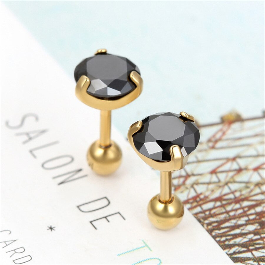 Mens Vintage Stainless Steel 7mm CZ Black Royal Kings Crown Bling Bling Earrings