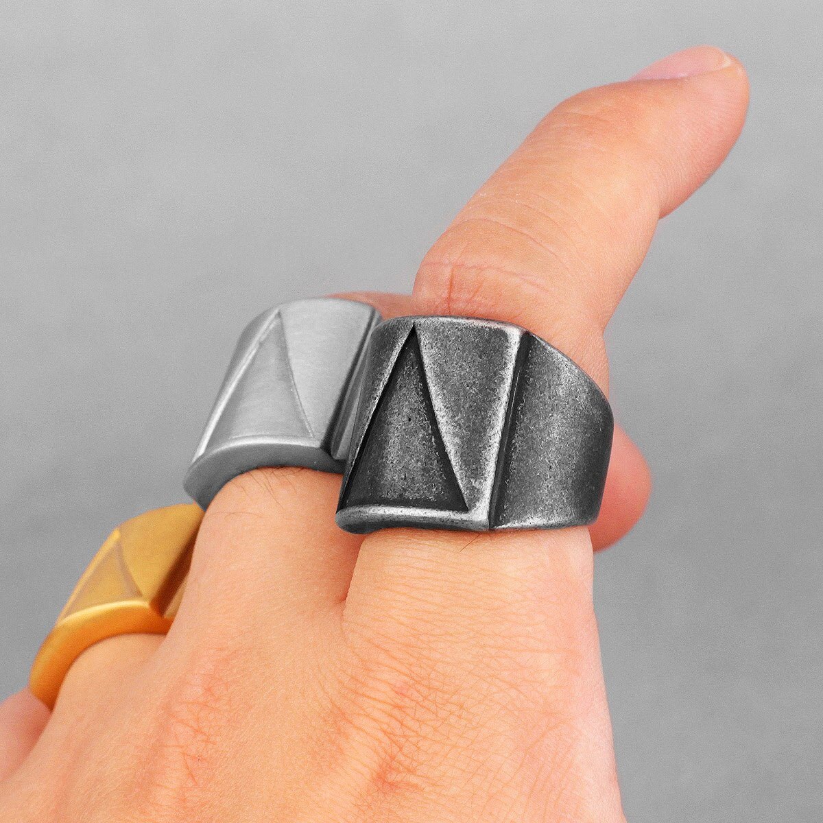 Mens 14k Gold Black Silver 316L Solid No Fade Stainless Steel Cosmic Triangle Rings