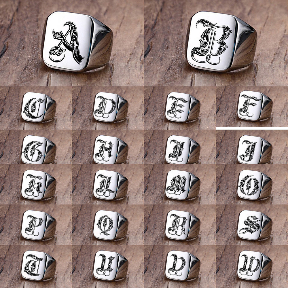Mens Custom Made No Fade Silver Stainless Old English Letters Initial Ring