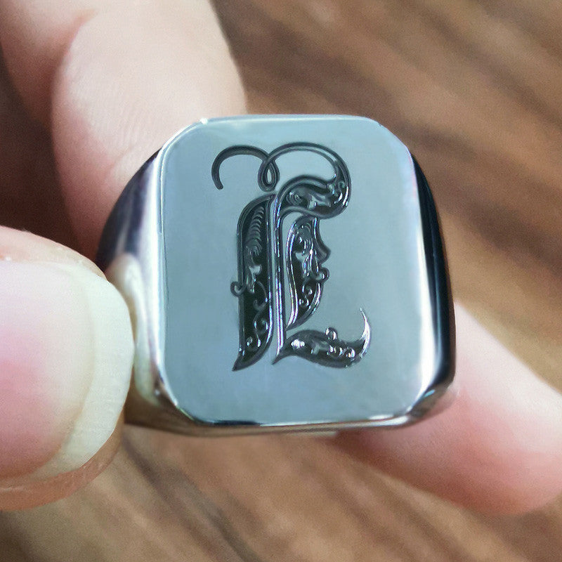 Mens Custom Made No Fade Silver Stainless Old English Letters Initial Ring