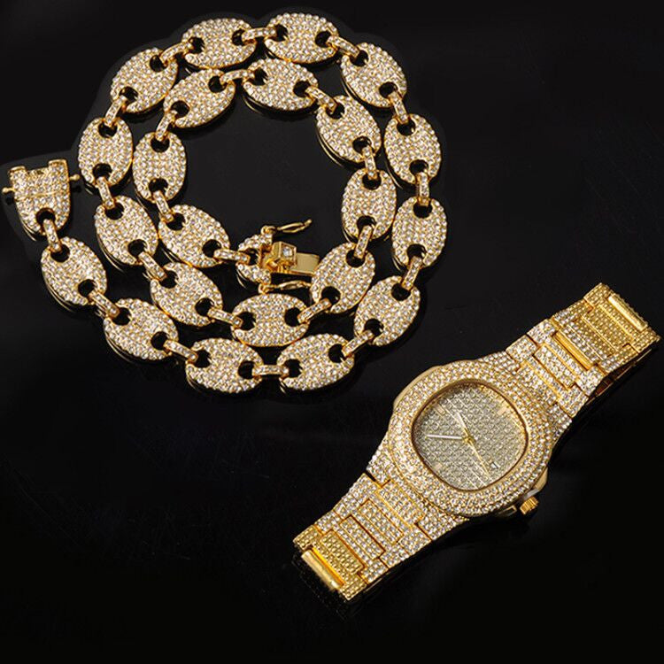 Flooded Ice Coffee Bean Hip Hop 14k Gold 925 Silver Watch Chain Bracelet Combo Set
