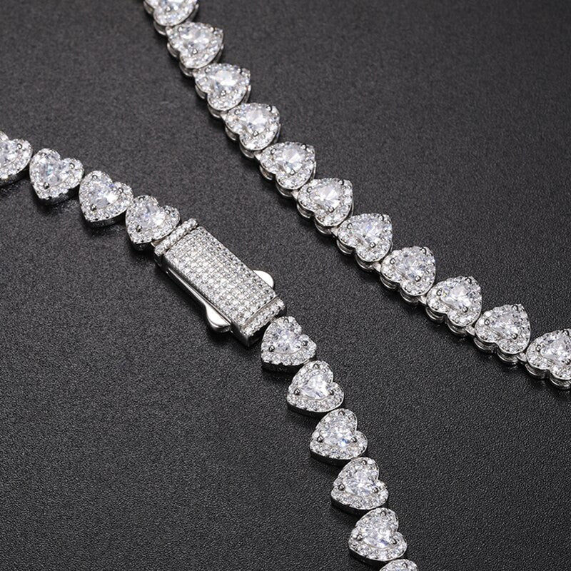 Ladies Genuine VVS Diamond Heart Shaped Tennis Chain Solid 925 Silver Necklace