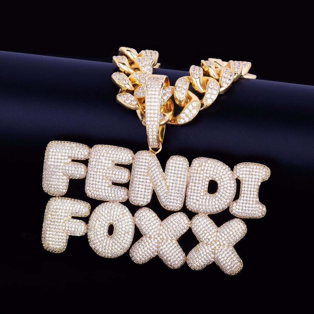 Mens 20MM Cuban Link Custom Name Bubble Letter Hip Hop Pendant Chain Necklace