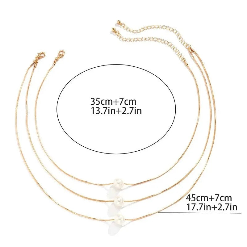 Ladies 3 Piece Pearl Layer Gold Snake Link Chain Necklace Set