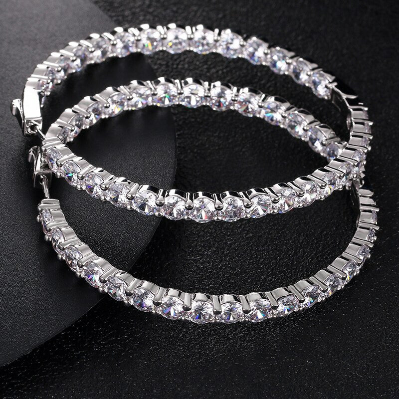 Ladies Big Circle Hoop Fashion Girl Real CZ Stone Bling Earrings